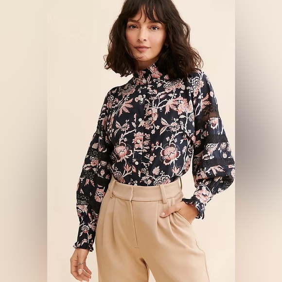 Love the label Floral balloon Puff Sleeve Blouse cottagecore poplin lace boho s - Picture 2 of 10